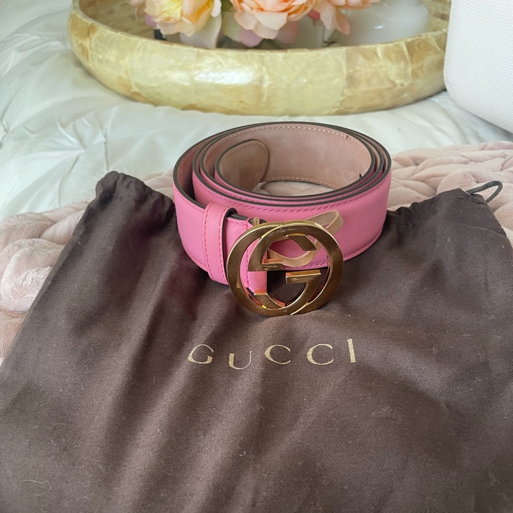 Pink Gucci Belt with Gold Hardware